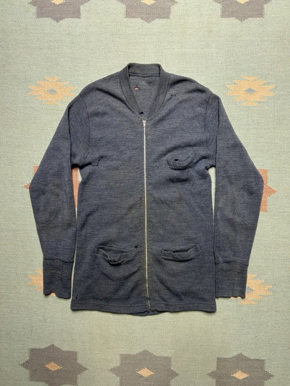 Vintage 40s wool cardigan sweater talon zip blue 3 pocket distressed mens small